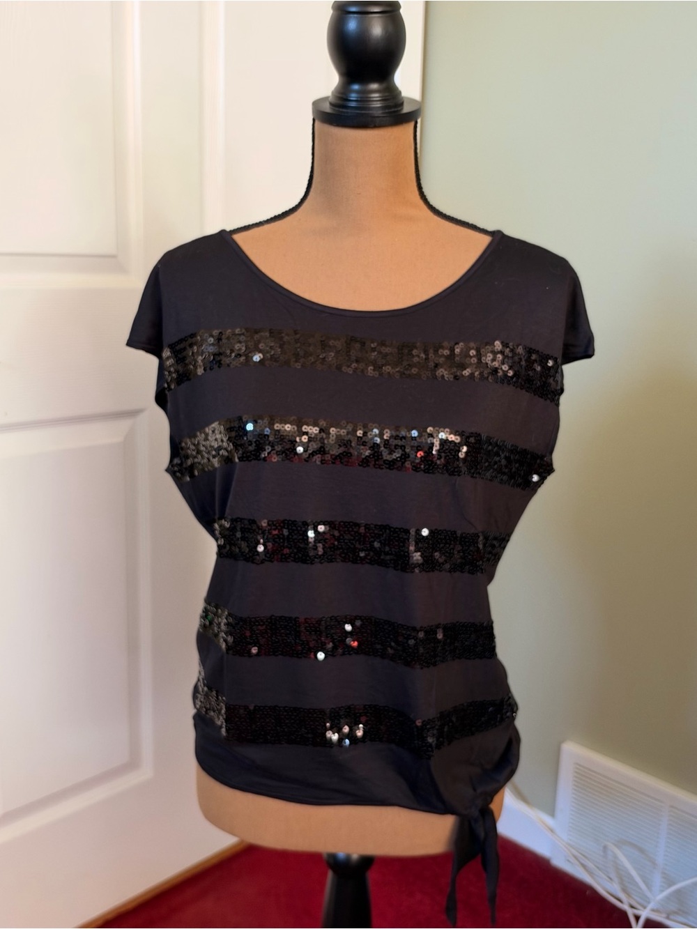 INC International Concepts Black Sequin Side Tie Top Large